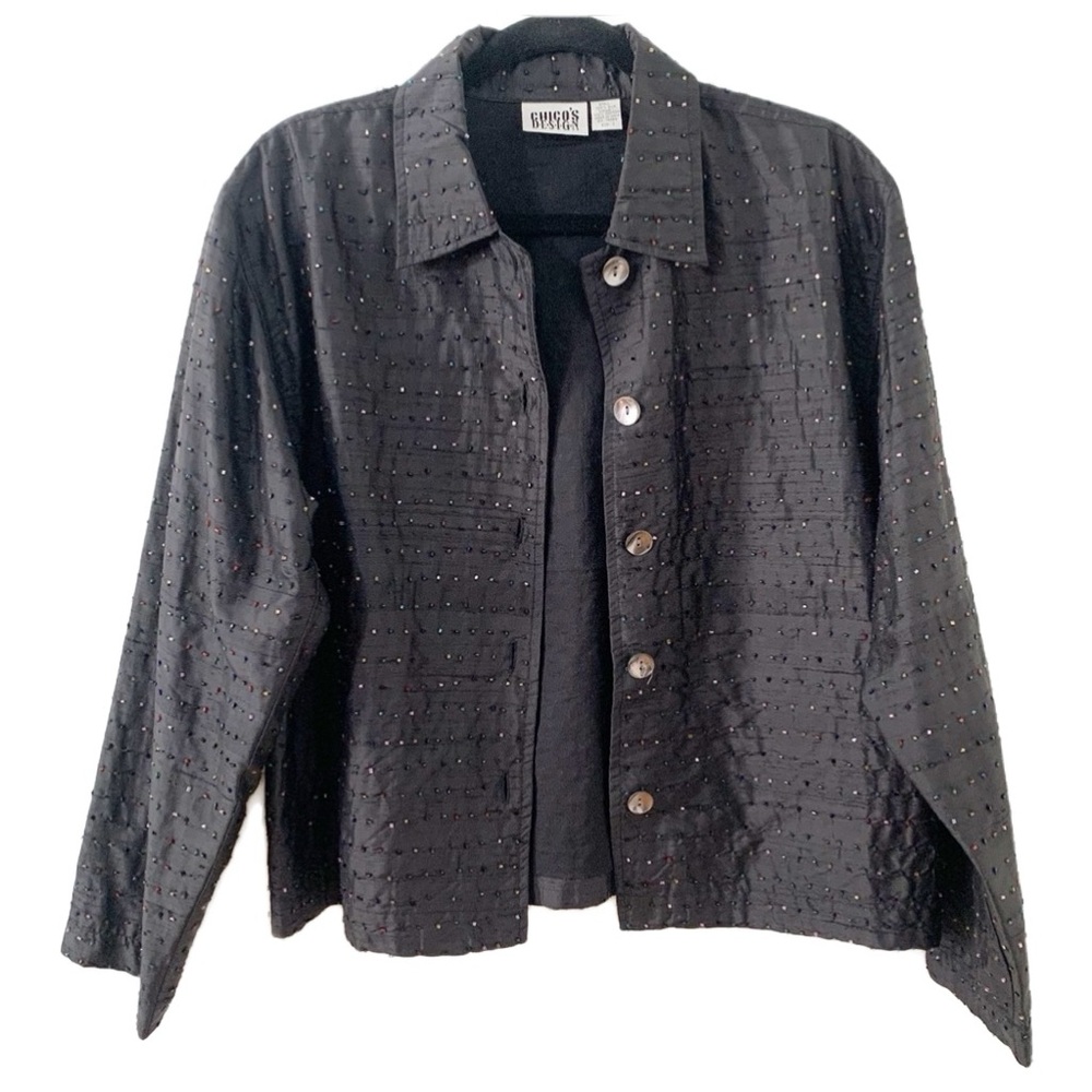 Chico’s Design 100% Silk Beaded Button Front Pointed Collared Jacket Fully Lined